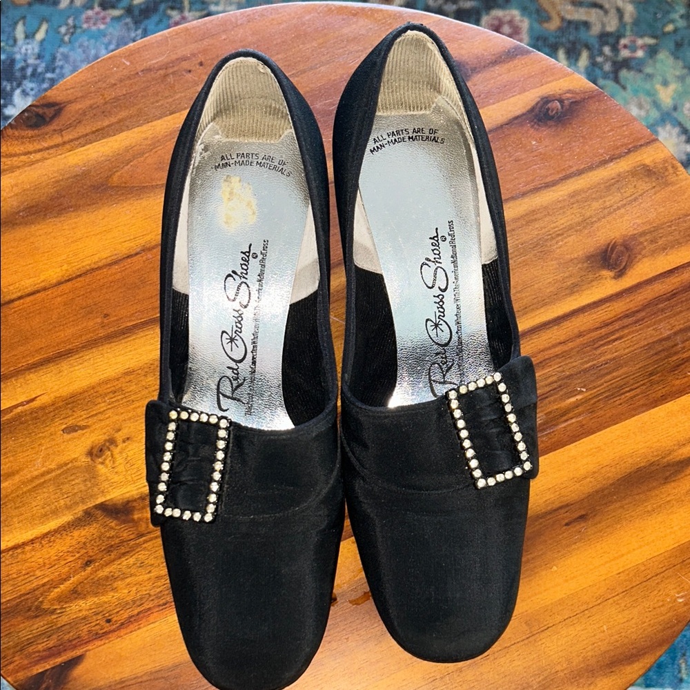 Vintage Red Cross Shoes Black Heels with Rhinestone Buckle